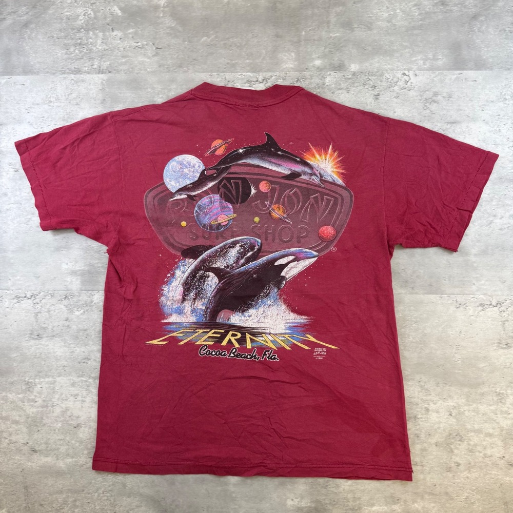 Vintage Ron Jon Surf Shop T-Shirt Eternity Dolphin Orca Space Burgundy Large